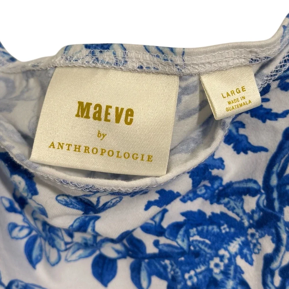Maeve Anthropologie Blue White Floral Ruched Tie Shoulder Camisole Top SZ Large - Picture 6 of 8